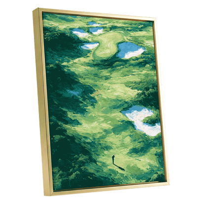 Verdant Solitude, green, blue, white nature wall art shown as a gold framed canvas wall art