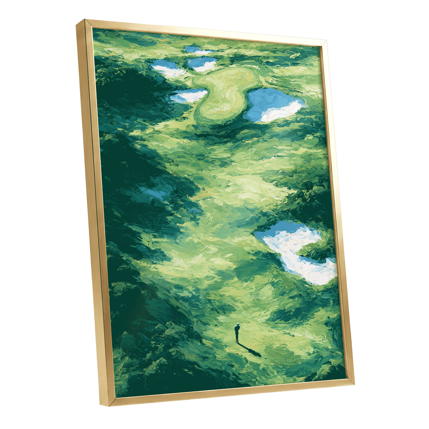 Verdant Solitude, green, blue, white nature wall art shown as a gold framed poster wall art print