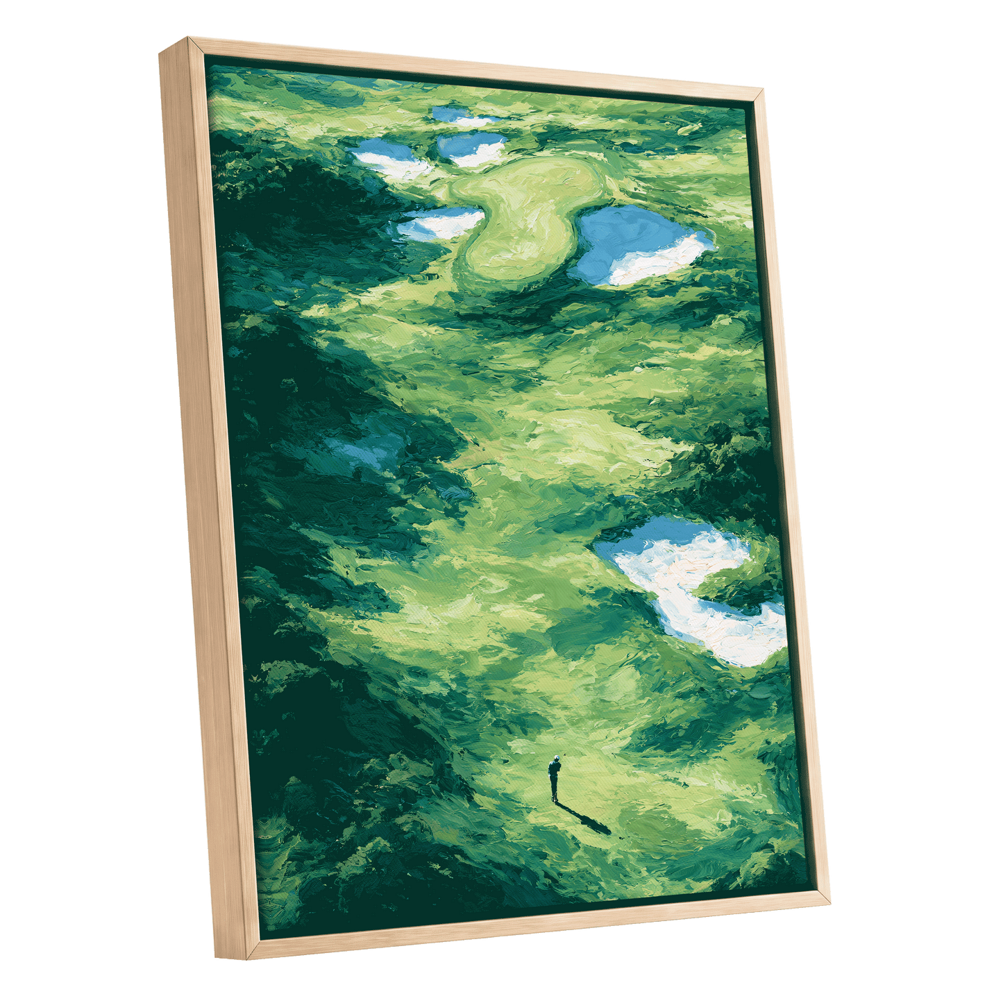 Verdant Solitude, green, blue, white nature wall art shown as a oak framed canvas wall art