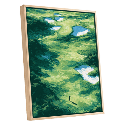 Verdant Solitude, green, blue, white nature wall art shown as a oak framed canvas wall art