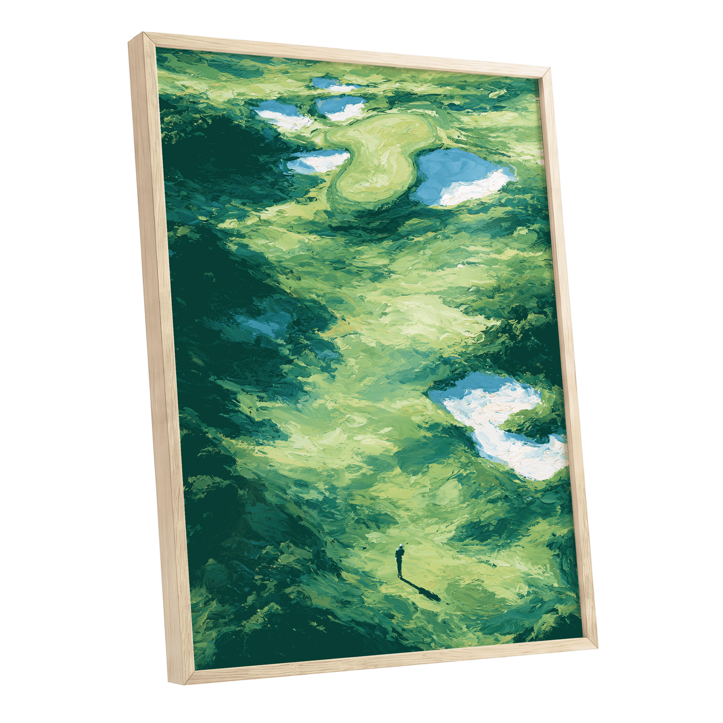 Verdant Solitude, green, blue, white nature wall art shown as a oak framed poster wall art print