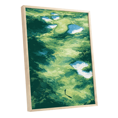 Verdant Solitude, green, blue, white nature wall art shown as a oak framed poster wall art print