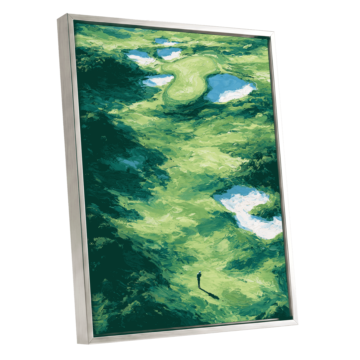 Verdant Solitude, green, blue, white nature wall art shown as a silver framed canvas wall art