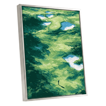 Verdant Solitude, green, blue, white nature wall art shown as a silver framed canvas wall art