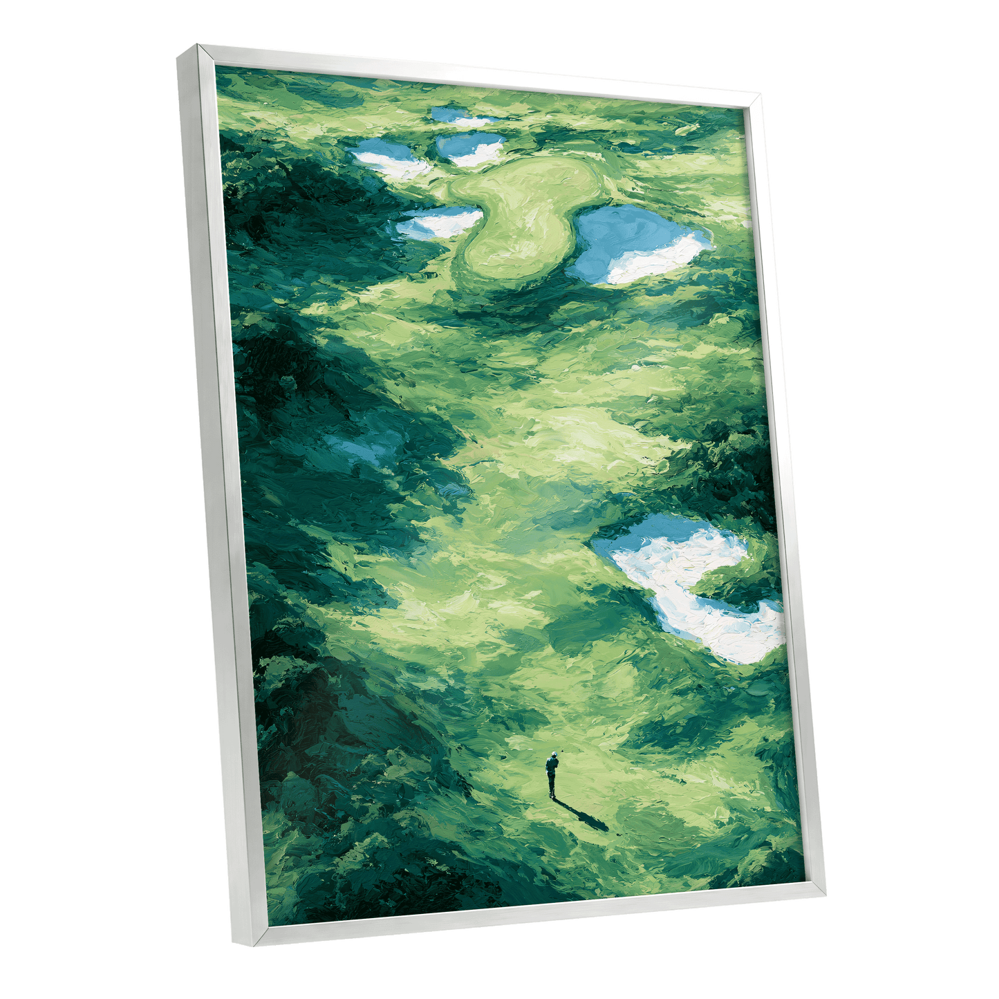 Verdant Solitude, green, blue, white nature wall art shown as a silver framed poster wall art print