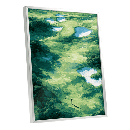 Verdant Solitude, green, blue, white nature wall art shown as a silver framed poster wall art print