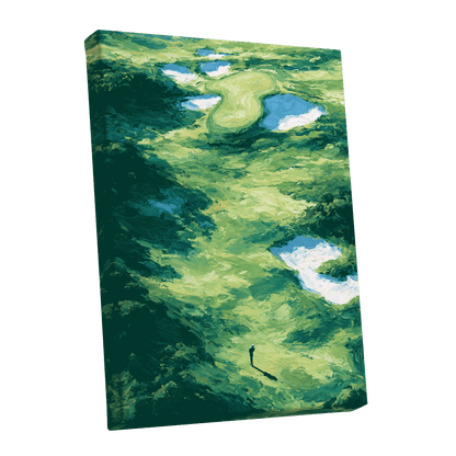 Verdant Solitude, green, blue, white nature wall art shown as a stretched canvas wall art