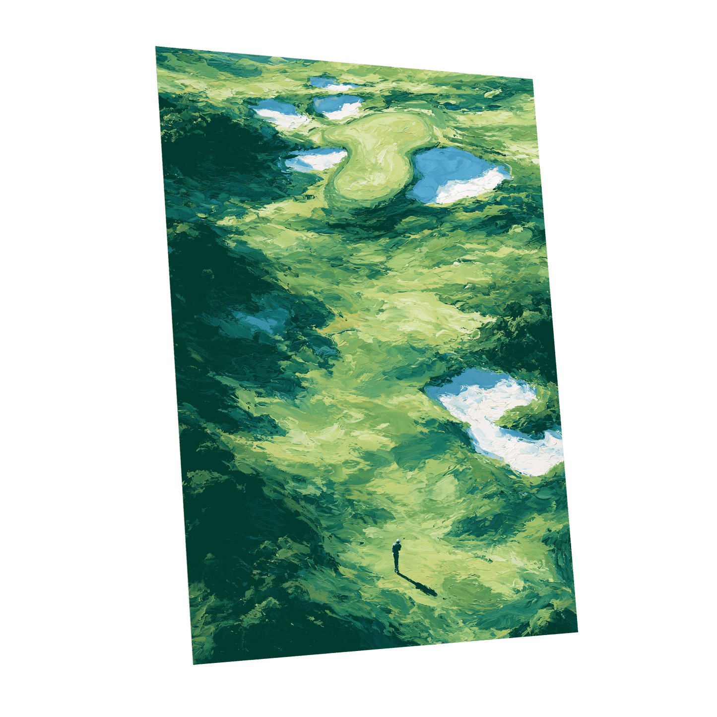 Verdant Solitude, green, blue, white nature wall art shown as a unframed poster wall art print