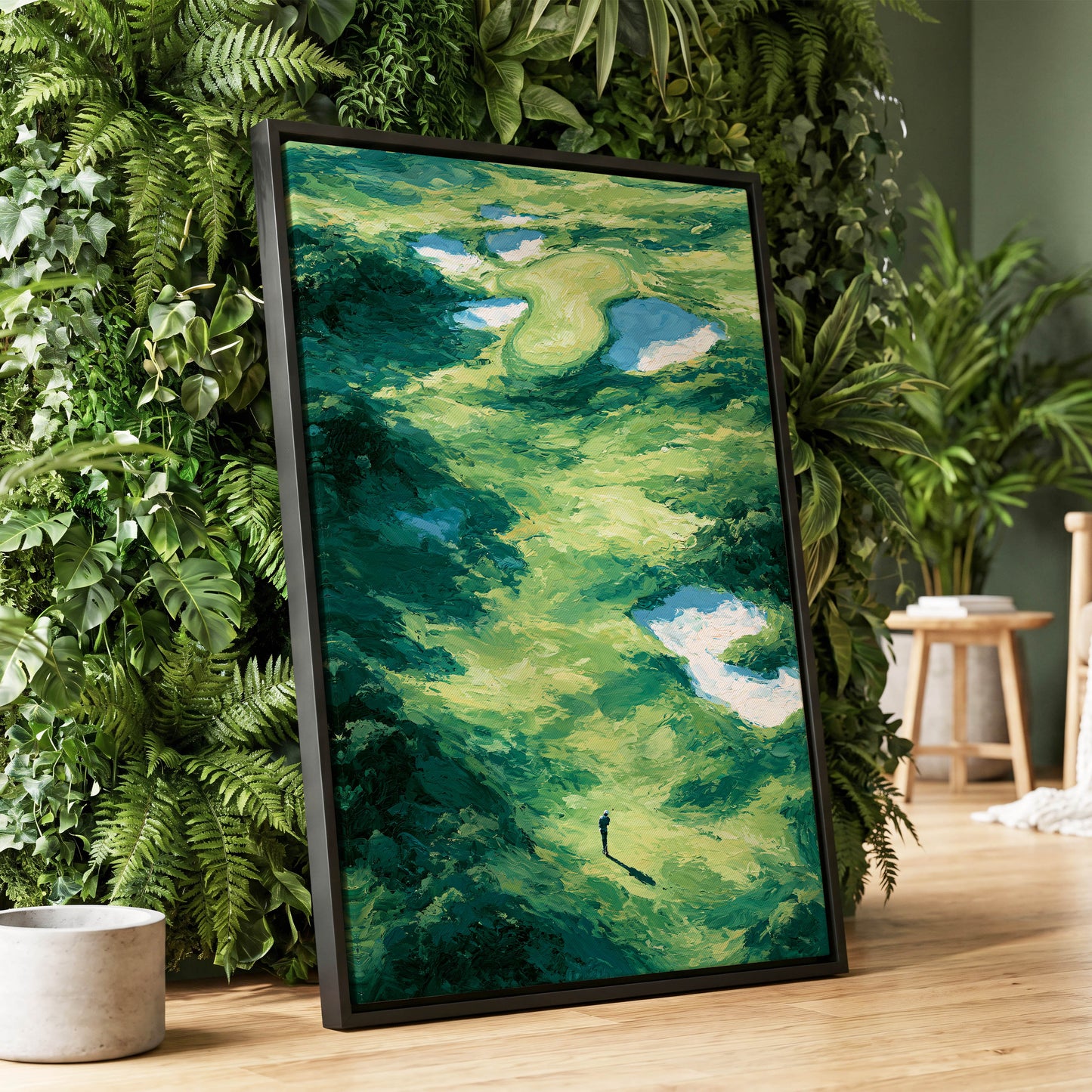 Verdant Solitude, green, blue, white nature wall art displayed in a styled interior, gallery view 1