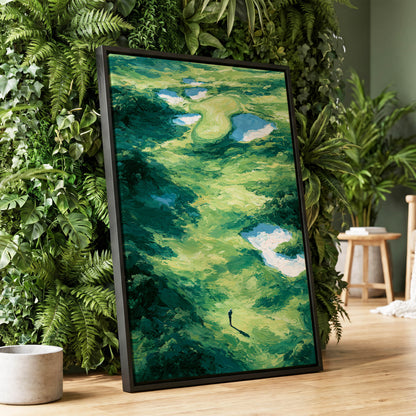 Verdant Solitude, green, blue, white nature wall art displayed in a styled interior, gallery view 1
