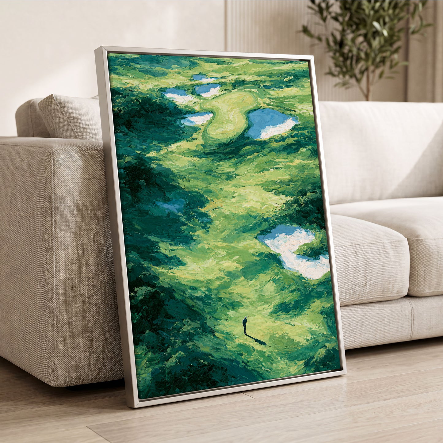 Verdant Solitude, green, blue, white nature wall art displayed in a styled interior, gallery view 2