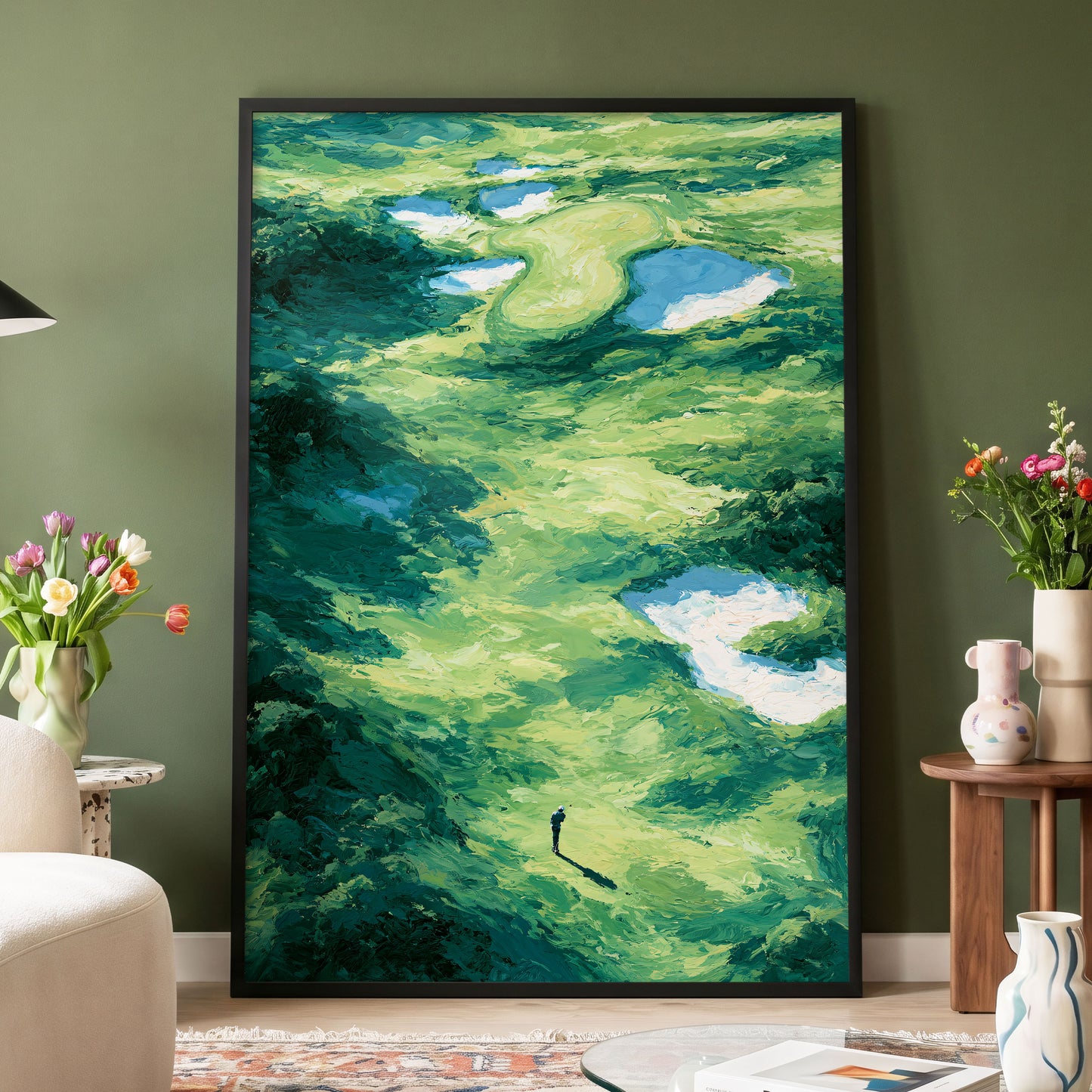 Verdant Solitude, green, blue, white nature wall art displayed in a styled interior, gallery view 4
