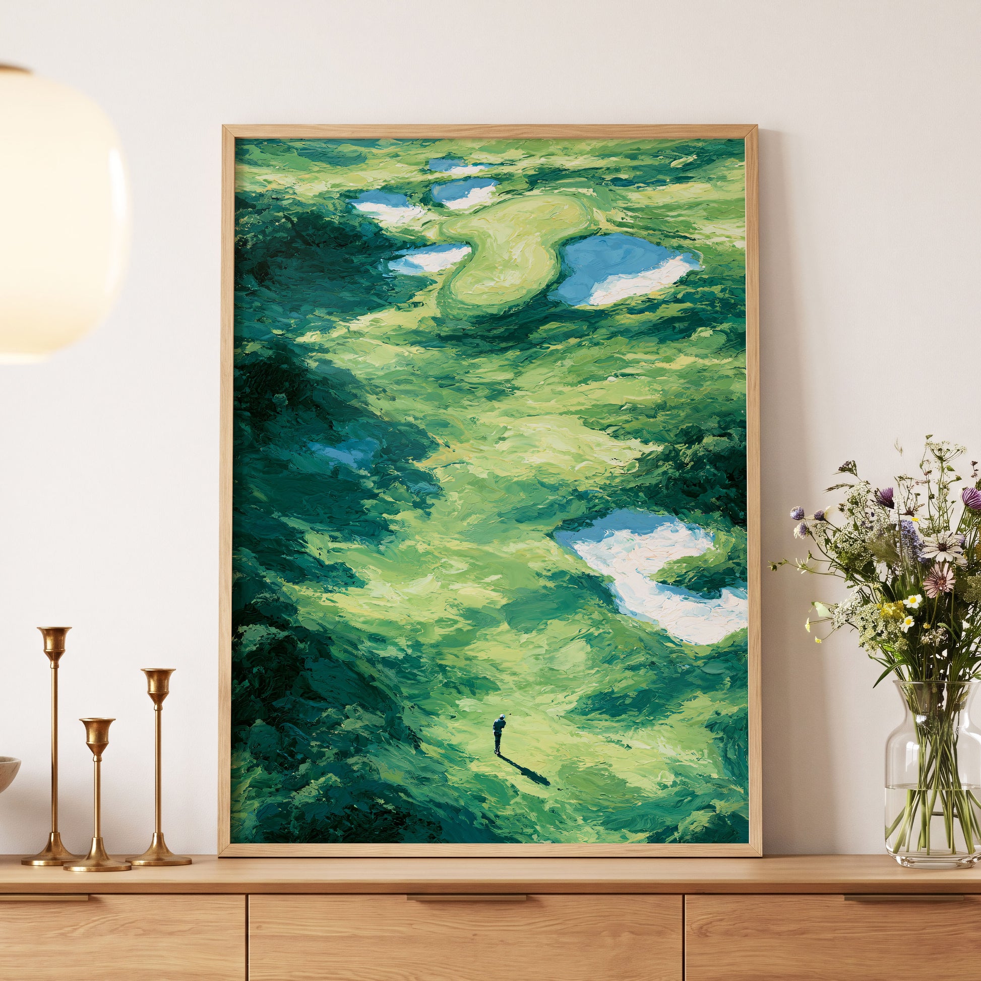 Verdant Solitude, green, blue, white nature wall art displayed in a styled interior, gallery view 5