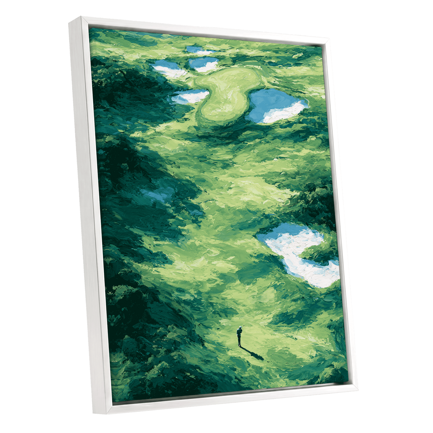 Verdant Solitude, green, blue, white nature wall art shown as a white framed canvas wall art