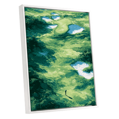 Verdant Solitude, green, blue, white nature wall art shown as a white framed canvas wall art