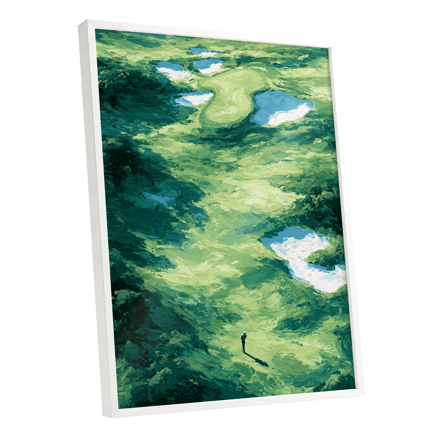 Verdant Solitude, green, blue, white nature wall art shown as a white framed poster wall art print