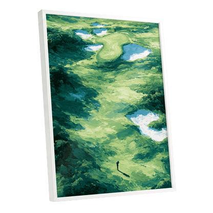 Verdant Solitude, green, blue, white nature wall art shown as a white framed poster wall art print