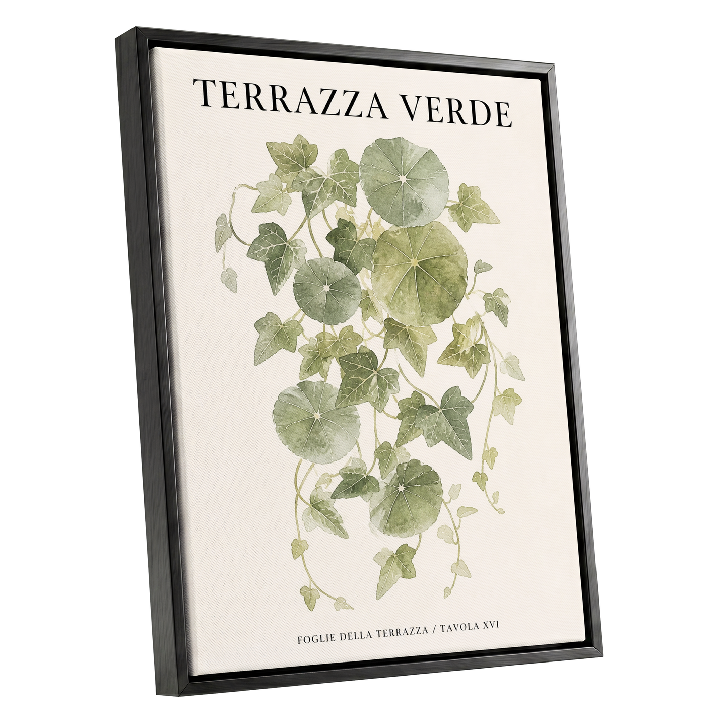 Verdant Terrace Study, green, beige nature wall art shown as a black framed canvas wall art