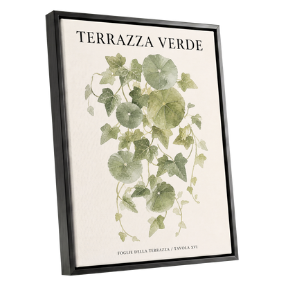 Verdant Terrace Study, green, beige nature wall art shown as a black framed canvas wall art