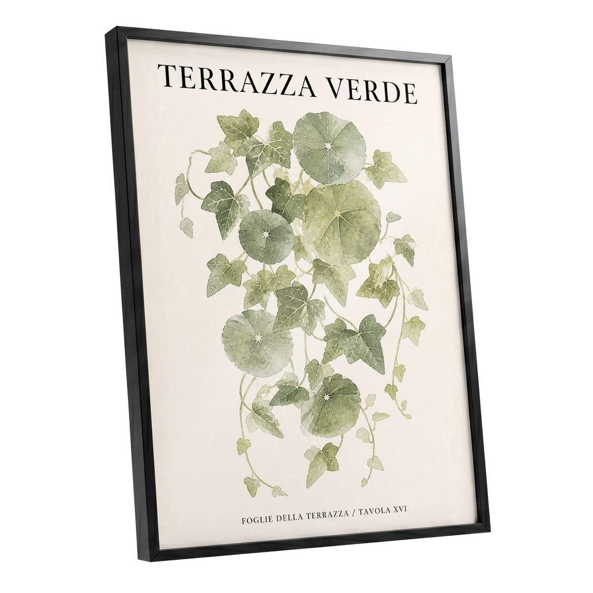 Verdant Terrace Study, green, beige nature wall art shown as a black framed poster wall art print