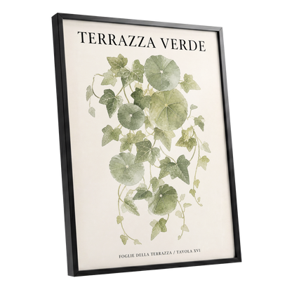 Verdant Terrace Study, green, beige nature wall art shown as a black framed poster wall art print