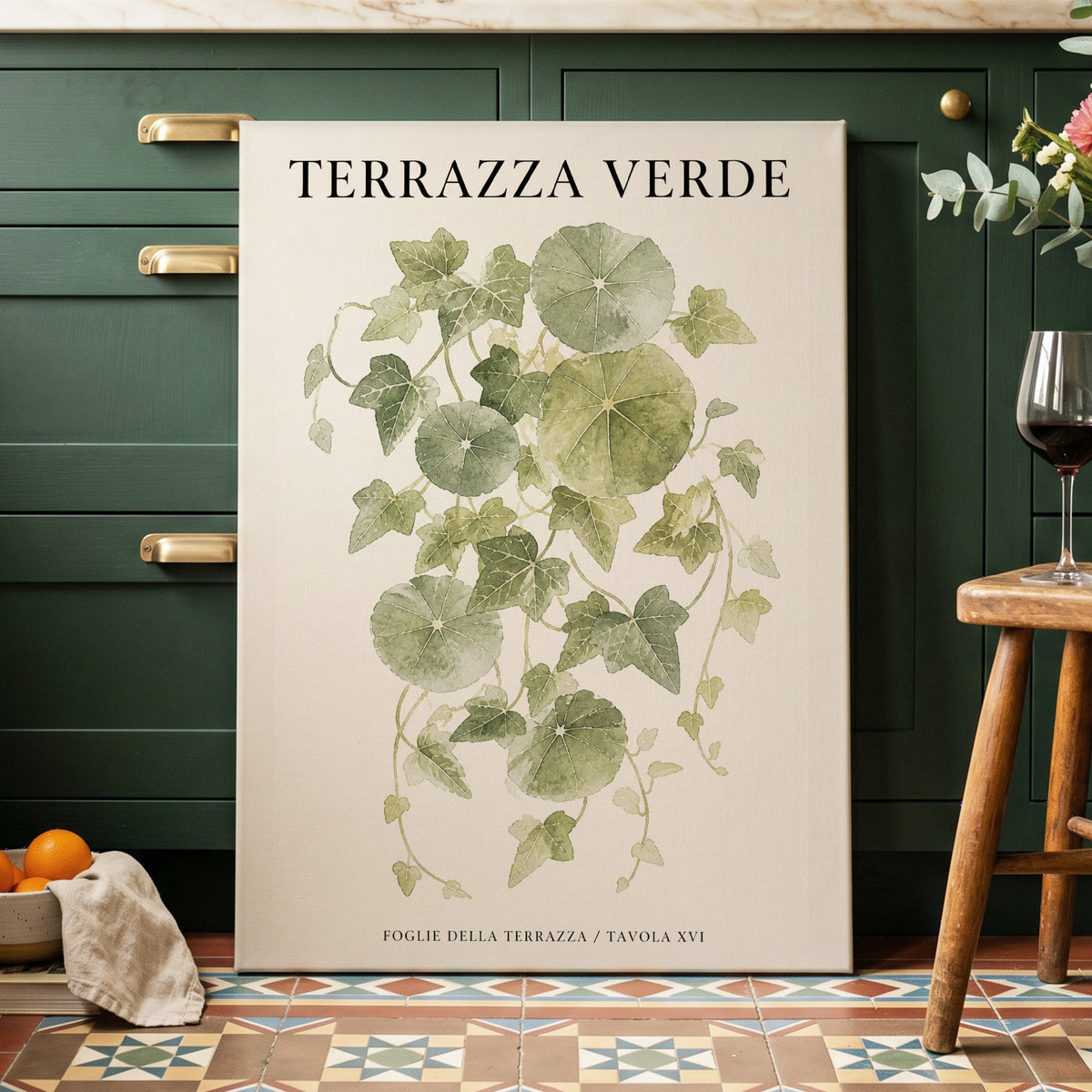 Verdant Terrace Study, green, beige nature wall art on canvas displayed in a styled interior, gallery view 1