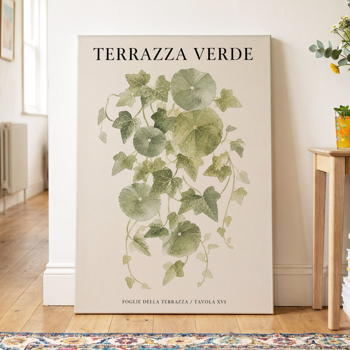 Verdant Terrace Study, green, beige nature wall art on canvas displayed in a styled interior, gallery view 2
