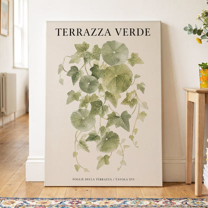 Verdant Terrace Study, green, beige nature wall art on canvas displayed in a styled interior, gallery view 2