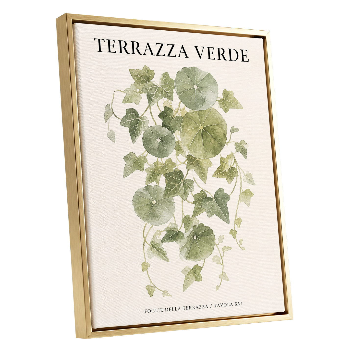 Verdant Terrace Study, green, beige nature wall art shown as a gold framed canvas wall art