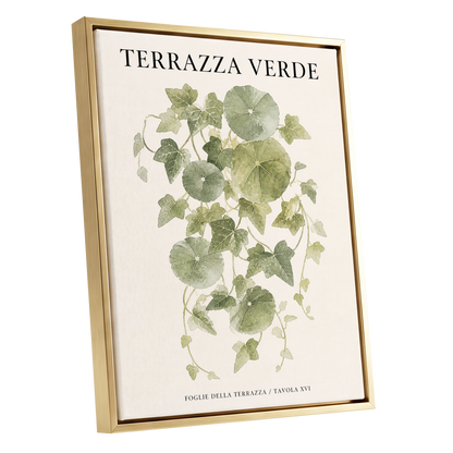 Verdant Terrace Study, green, beige nature wall art shown as a gold framed canvas wall art