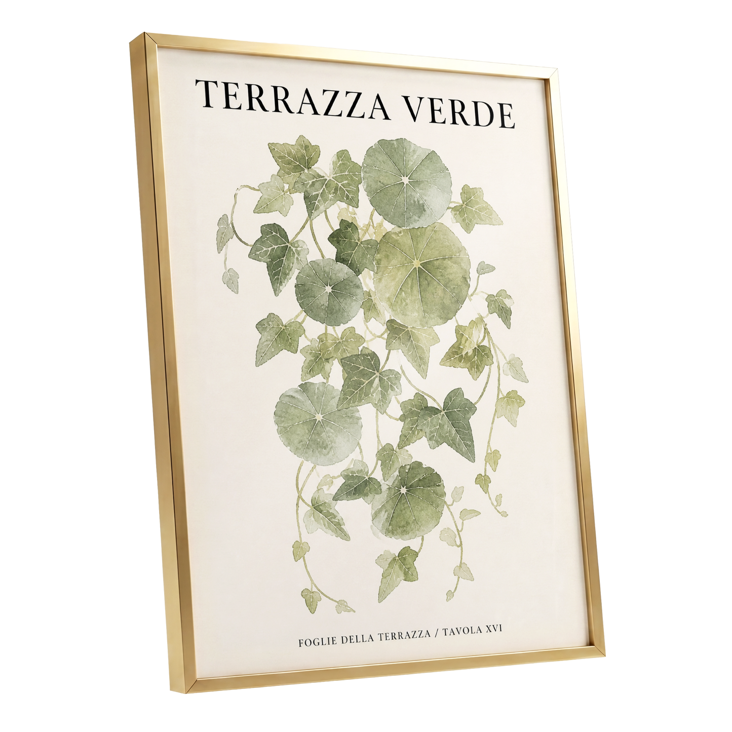 Verdant Terrace Study, green, beige nature wall art shown as a gold framed poster wall art print