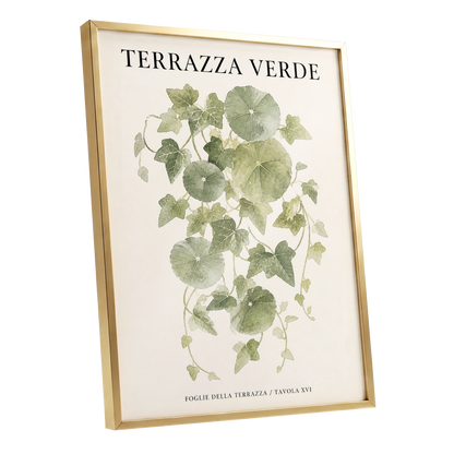 Verdant Terrace Study, green, beige nature wall art shown as a gold framed poster wall art print