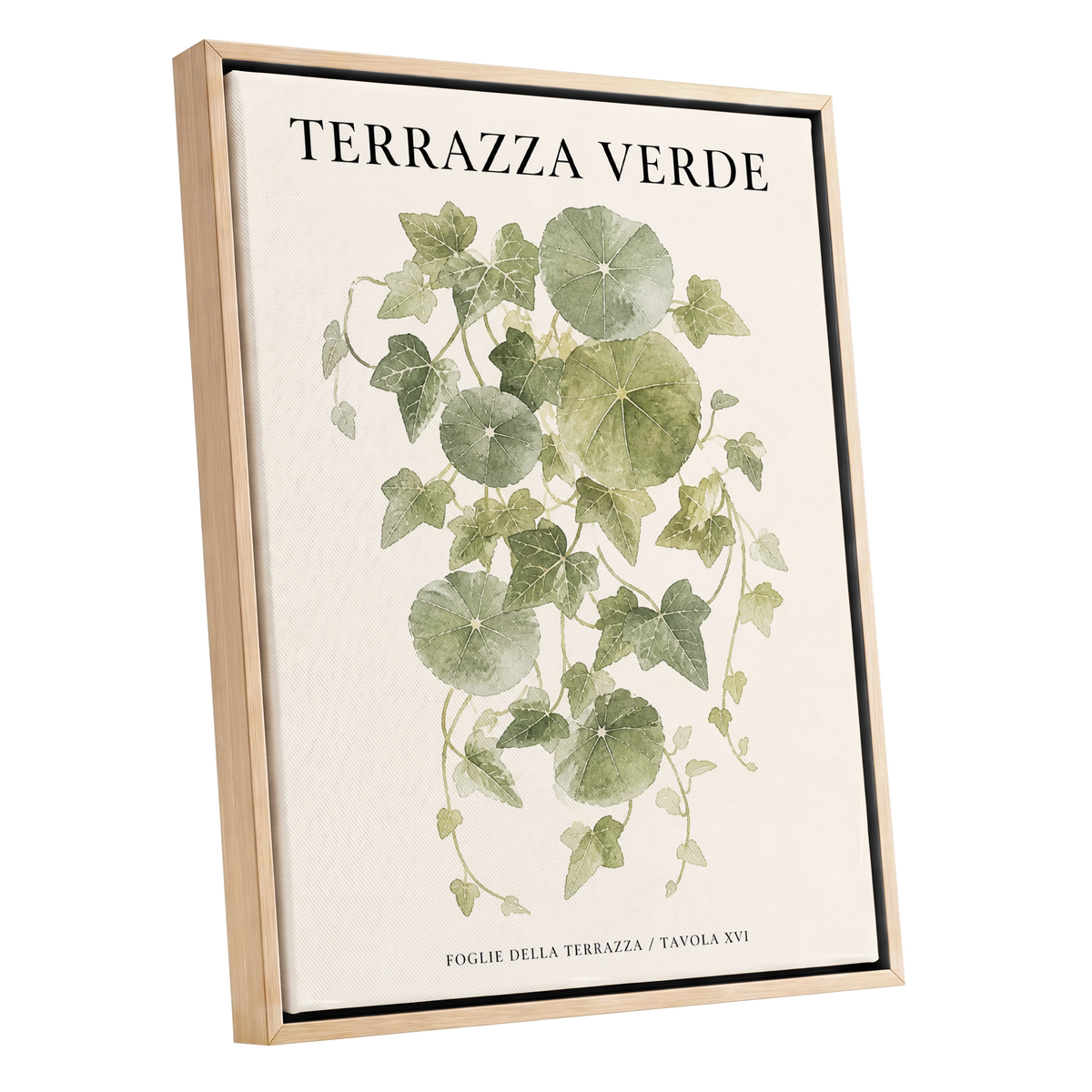 Verdant Terrace Study, green, beige nature wall art shown as a oak framed canvas wall art