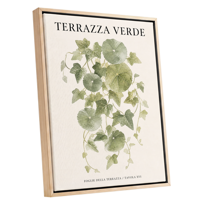 Verdant Terrace Study, green, beige nature wall art shown as a oak framed canvas wall art