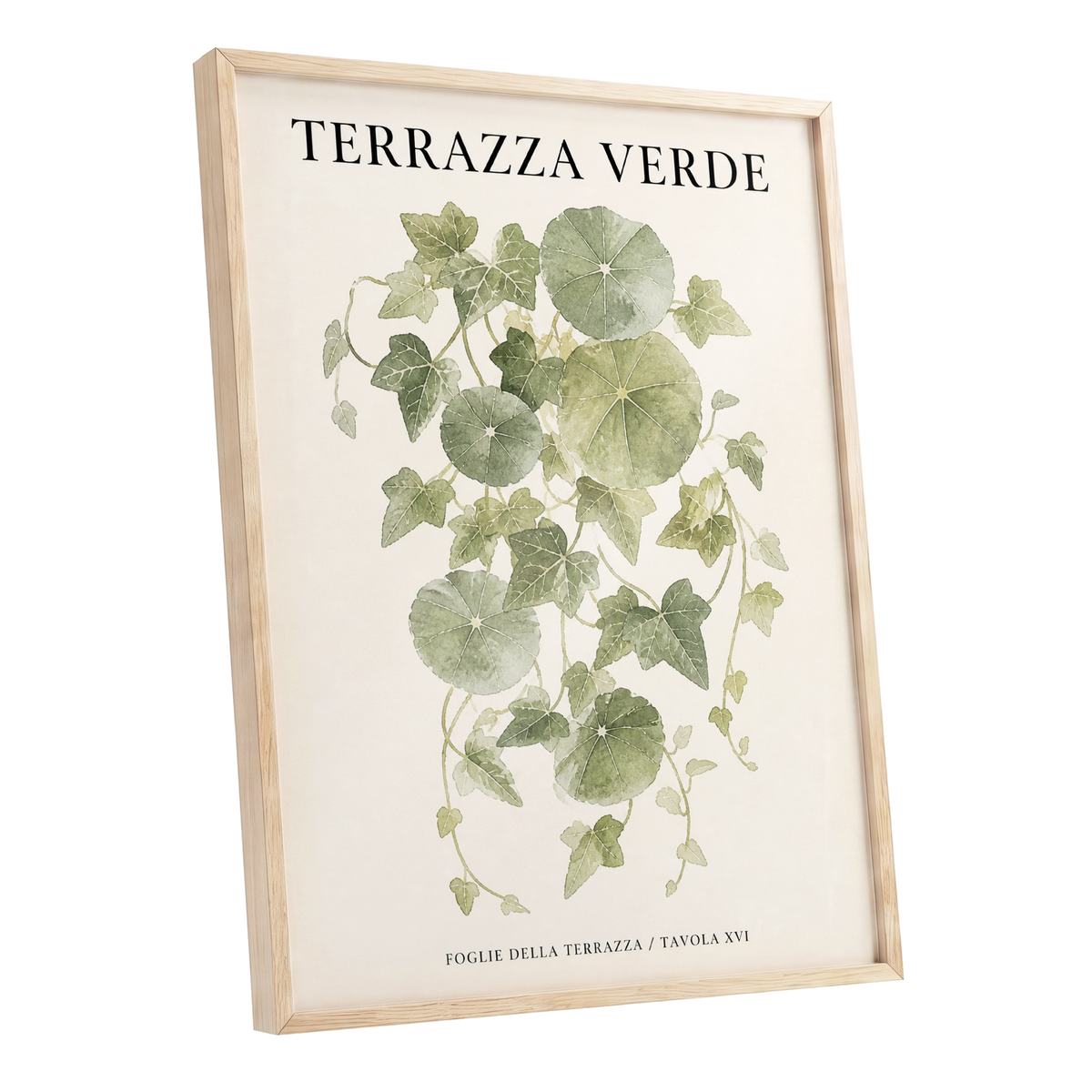 Verdant Terrace Study, green, beige nature wall art shown as a oak framed poster wall art print