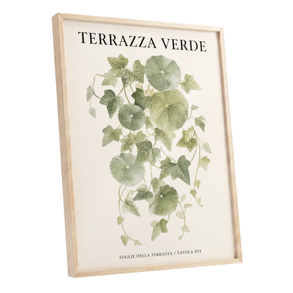 Verdant Terrace Study, green, beige nature wall art shown as a oak framed poster wall art print