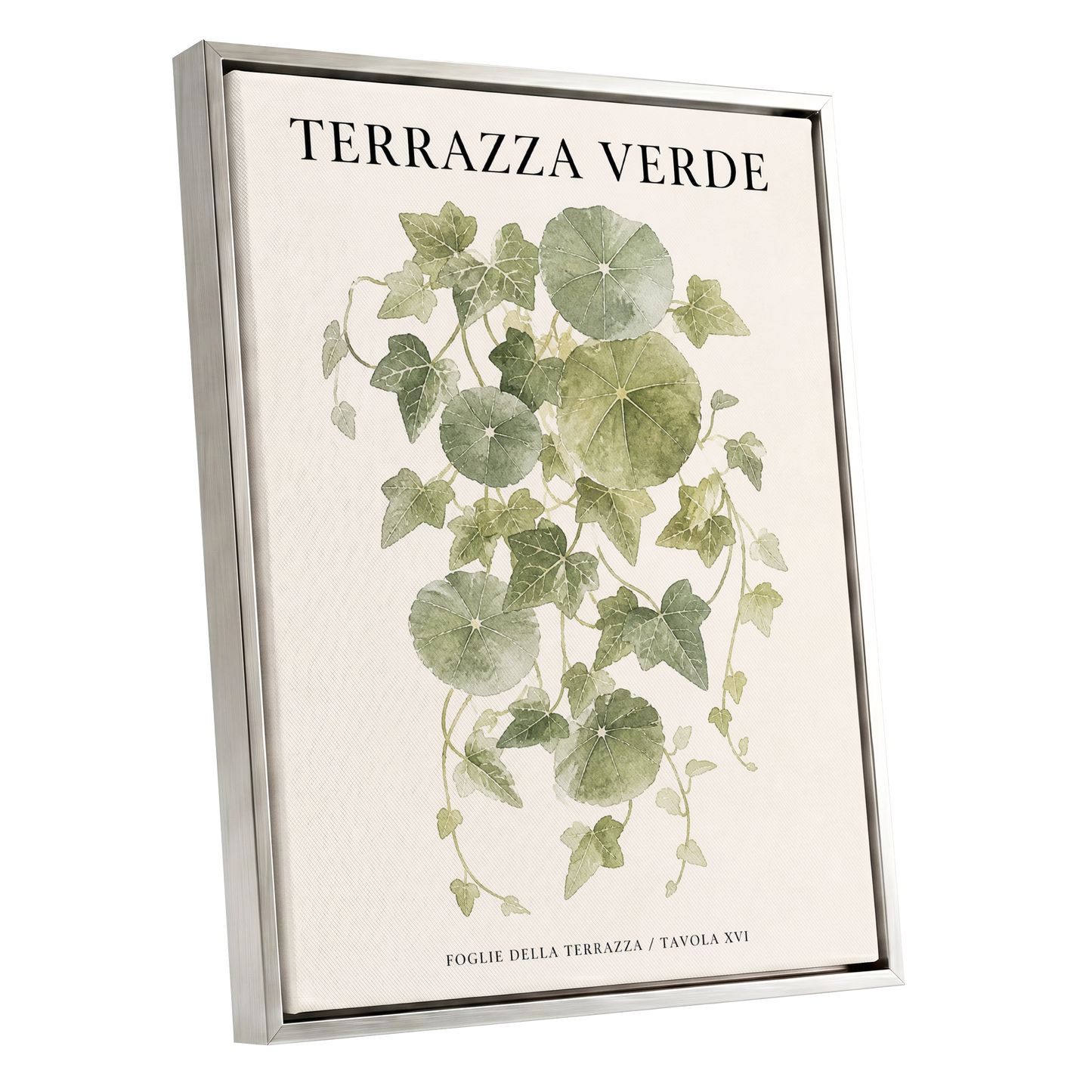 Verdant Terrace Study, green, beige nature wall art shown as a silver framed canvas wall art
