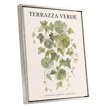 Verdant Terrace Study, green, beige nature wall art shown as a silver framed canvas wall art