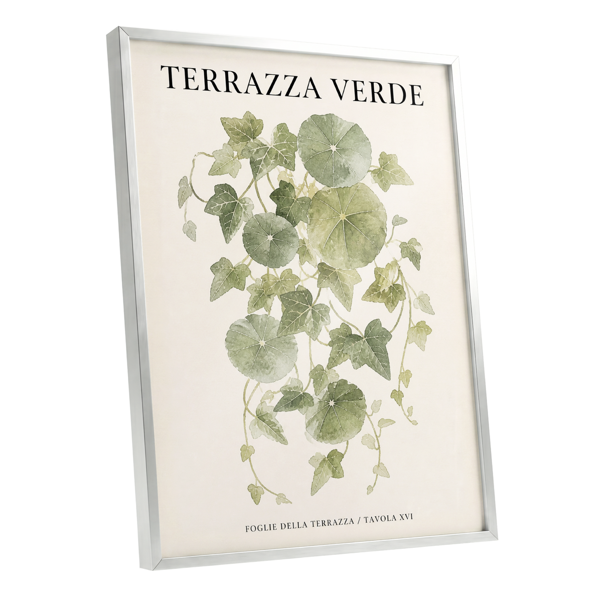 Verdant Terrace Study, green, beige nature wall art shown as a silver framed poster wall art print