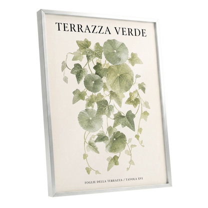 Verdant Terrace Study, green, beige nature wall art shown as a silver framed poster wall art print