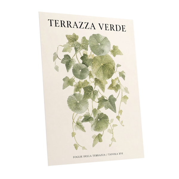 Verdant Terrace Study, green, beige nature wall art shown as a unframed poster wall art print