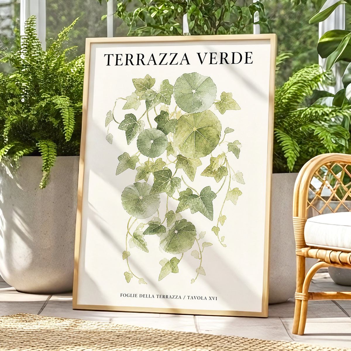 Verdant Terrace Study, green, beige nature wall art displayed in a styled interior, gallery view 1