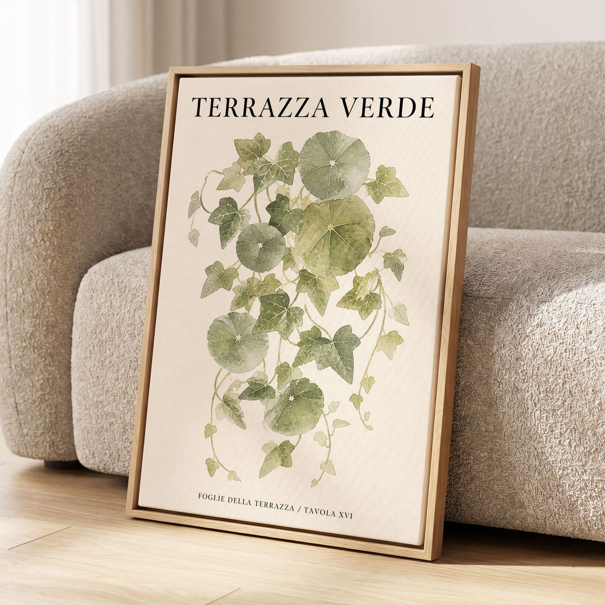 Verdant Terrace Study, green, beige nature wall art displayed in a styled interior, gallery view 2