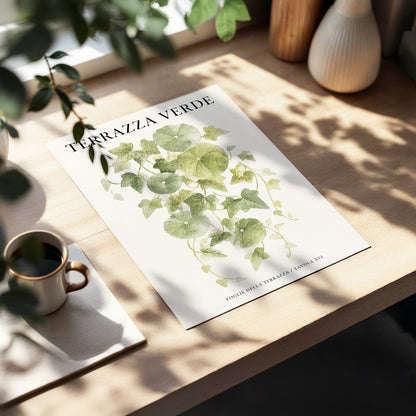 Verdant Terrace Study, green, beige nature wall art displayed in a styled interior, gallery view 3