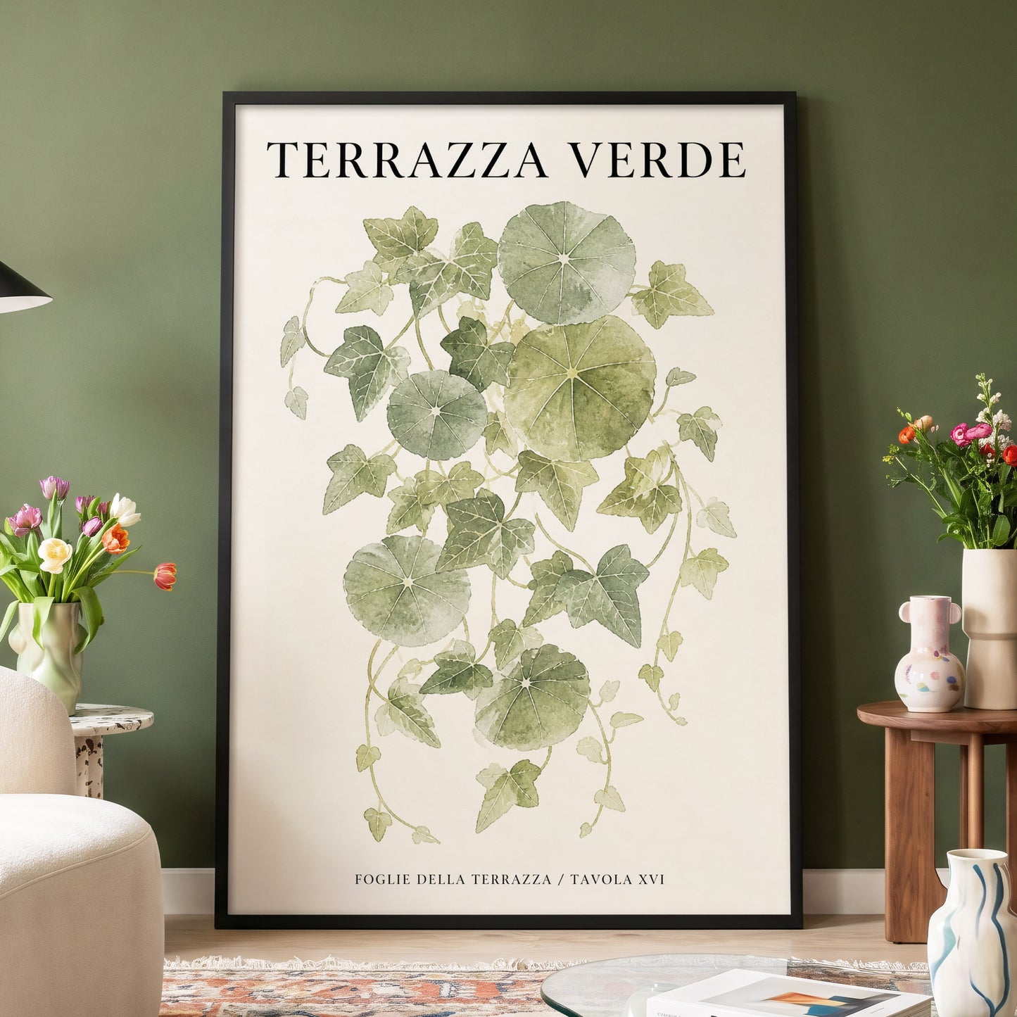 Verdant Terrace Study, green, beige nature wall art displayed in a styled interior, gallery view 4