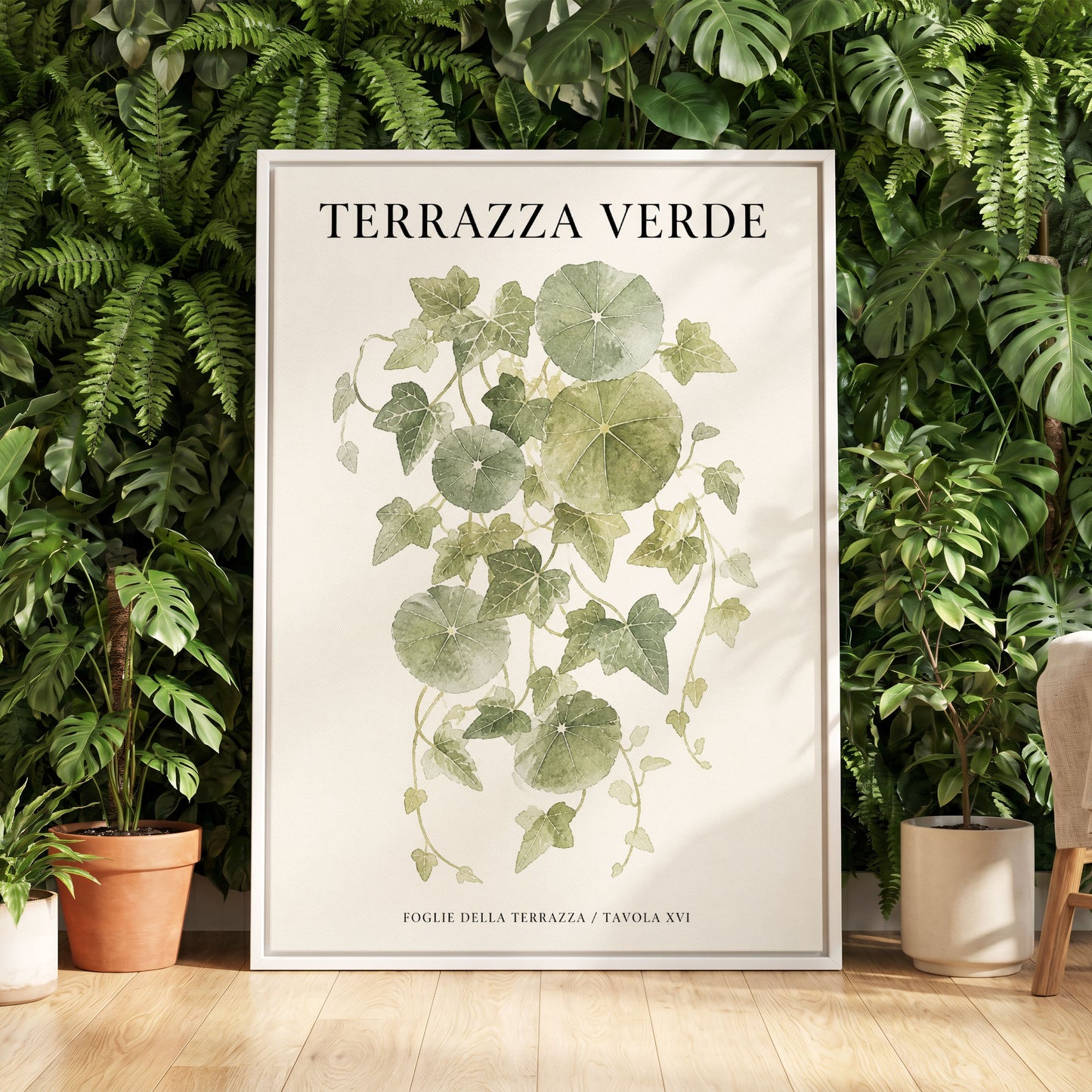 Verdant Terrace Study, green, beige nature wall art displayed in a styled interior, gallery view 5