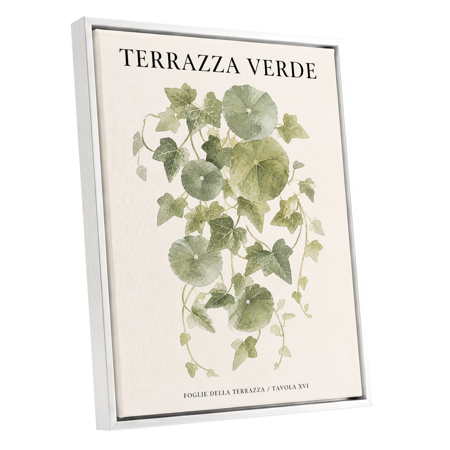 Verdant Terrace Study, green, beige nature wall art shown as a white framed canvas wall art