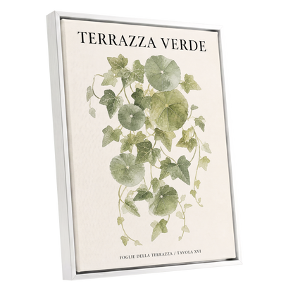 Verdant Terrace Study, green, beige nature wall art shown as a white framed canvas wall art