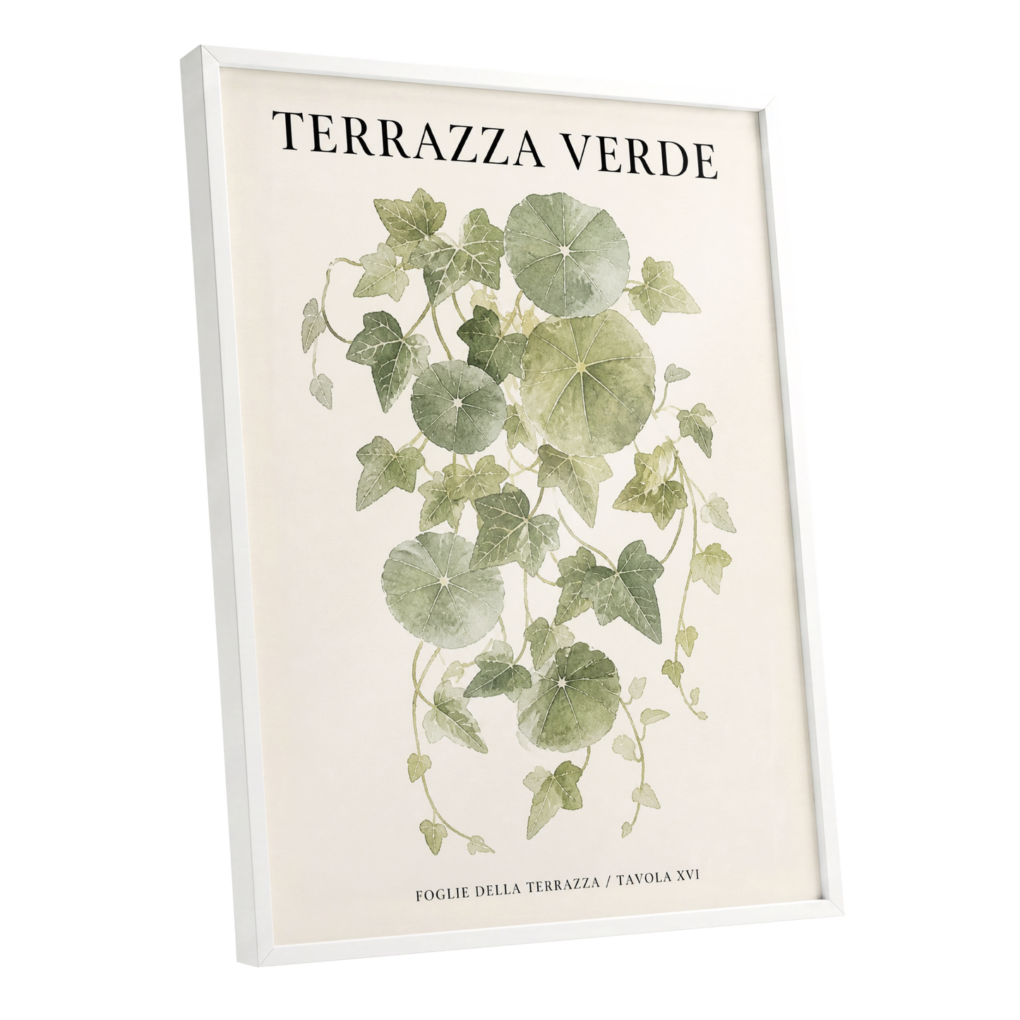 Verdant Terrace Study, green, beige nature wall art shown as a white framed poster wall art print
