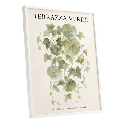Verdant Terrace Study, green, beige nature wall art shown as a white framed poster wall art print